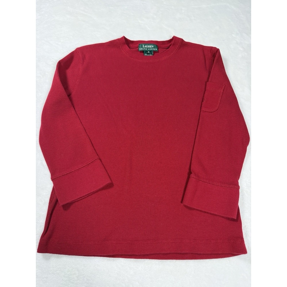 VTG Lauren Ralph Lauren red women ribbed cotton long sleeve pocket crew top M